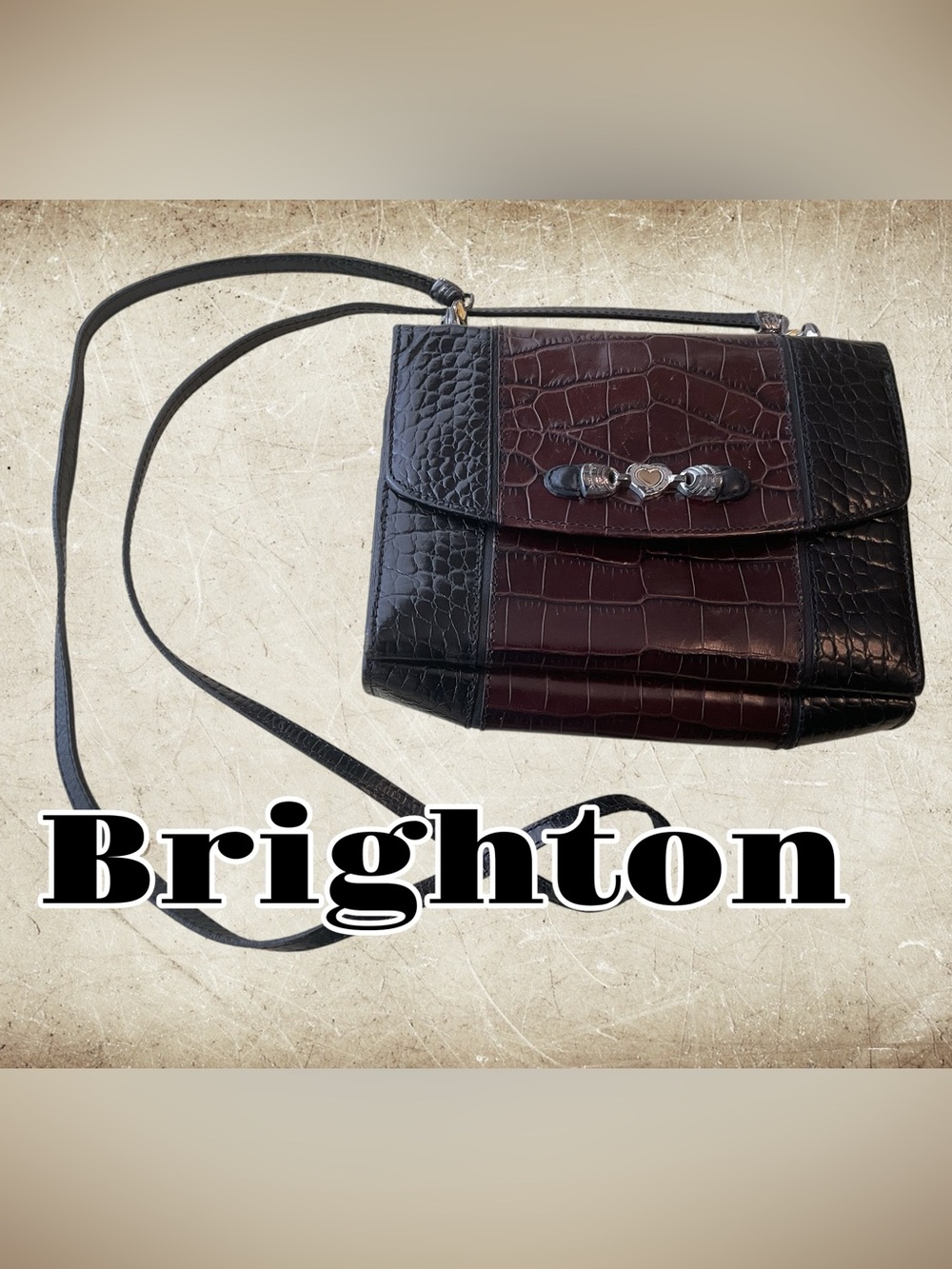Brighton Croc-Embossed Crossbody Bag in Black & Deep Brown